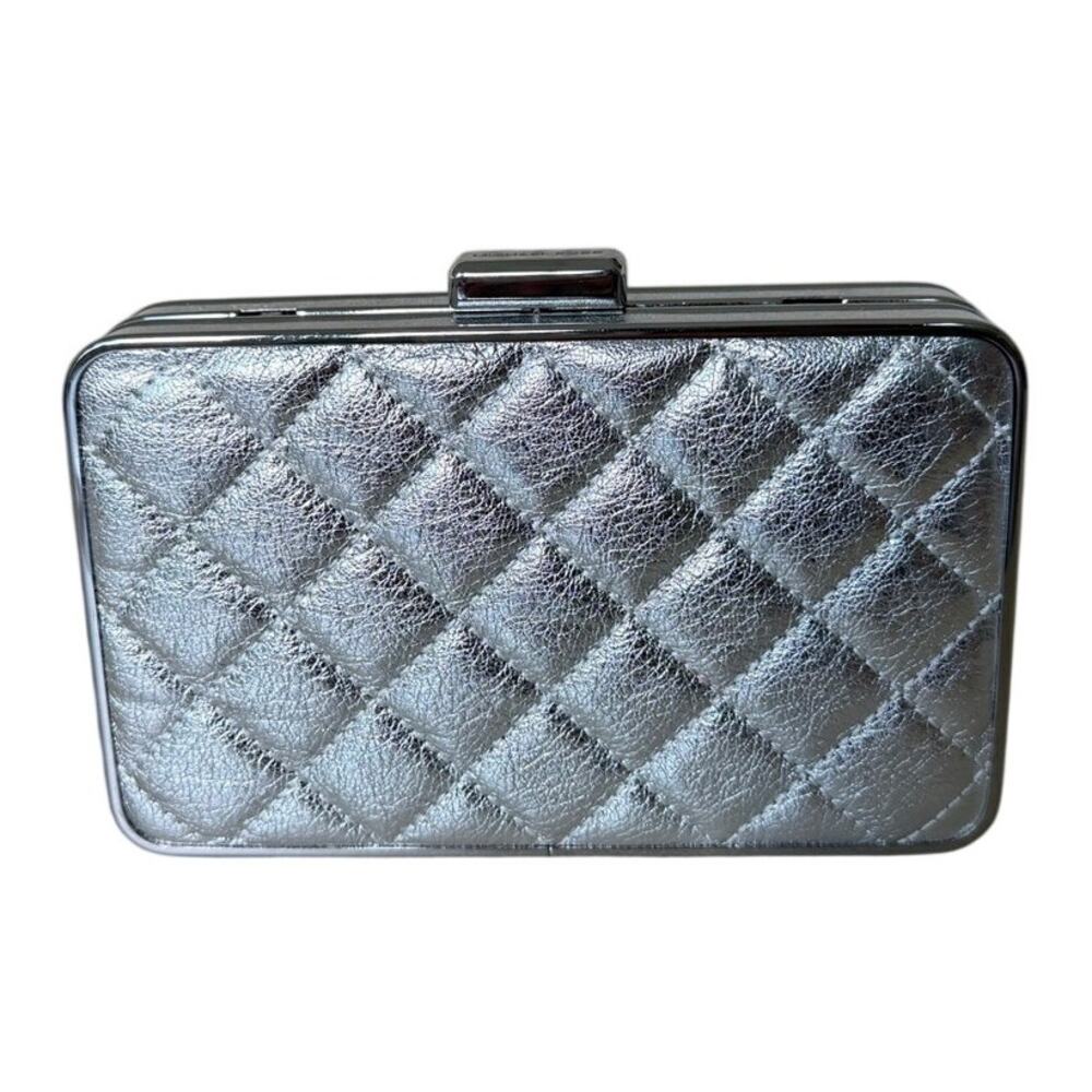 Michael Kors Elsie Silver Quilted Leather Box Clutch Chain Bag